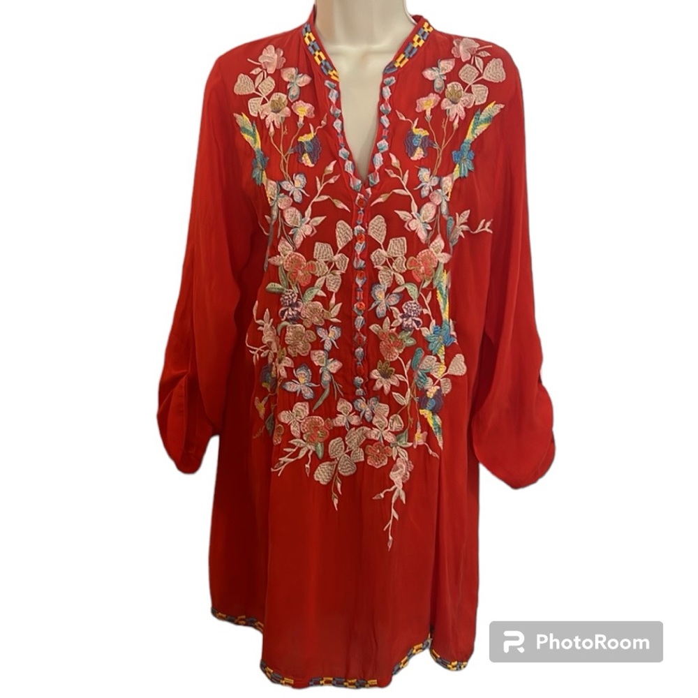 Johnny Was Long Sleeve Embroidered Floral Long Tunic Blouse Medium